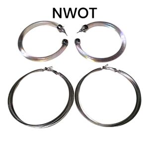 💥 Large Silver Tone Hoops & Clear Iridescent C-Shaped Hoops 2 Pair Earrings Set